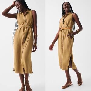 Faherty Laguna Linen Sleeveless Minimalist Belted Button Down Shirtdress Women M